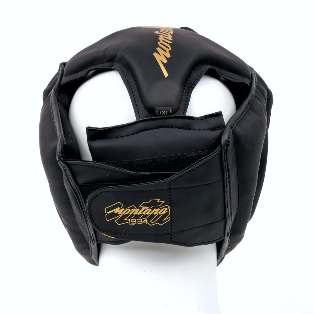 Arrière du casque de boxe Montana FACESHIELD PROTECTOR NewCode, avec la fermeture réglable par scratch et le marquage Montana doré.