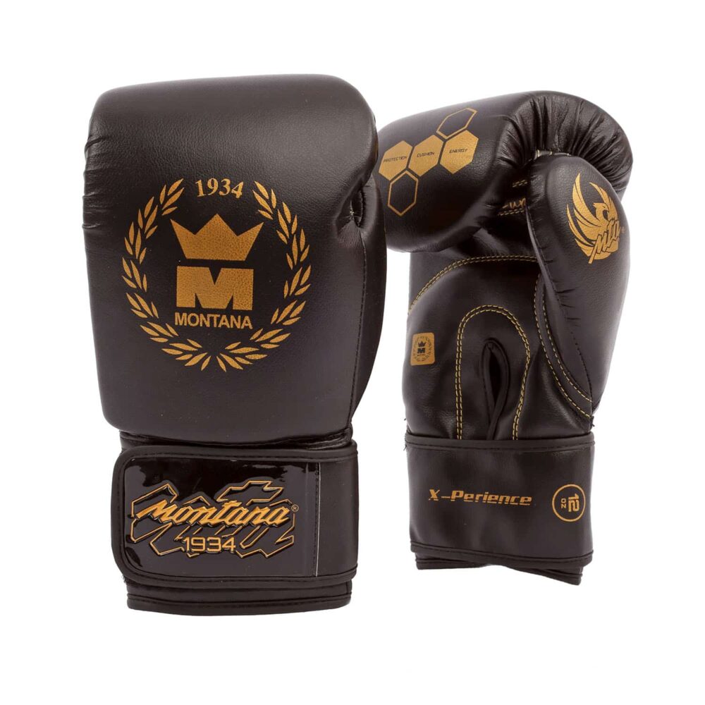 Gants de boxe noirs Montana X-PERIENCE NewCode pour boxe anglaise, Muay Thai, kick boxing et disciplines multiboxes, avec rembourrage hexagonal visible et design incurvé protecteur.