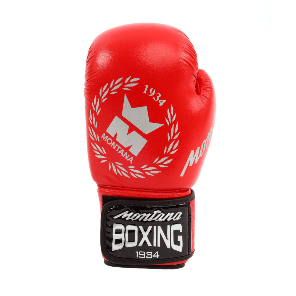 Gant de boxe rouge Montana 34ST NewCode vu de dos, montrant le blason blanc à la couronne entouré de lauriers et le marquage Montana Boxing 1934.