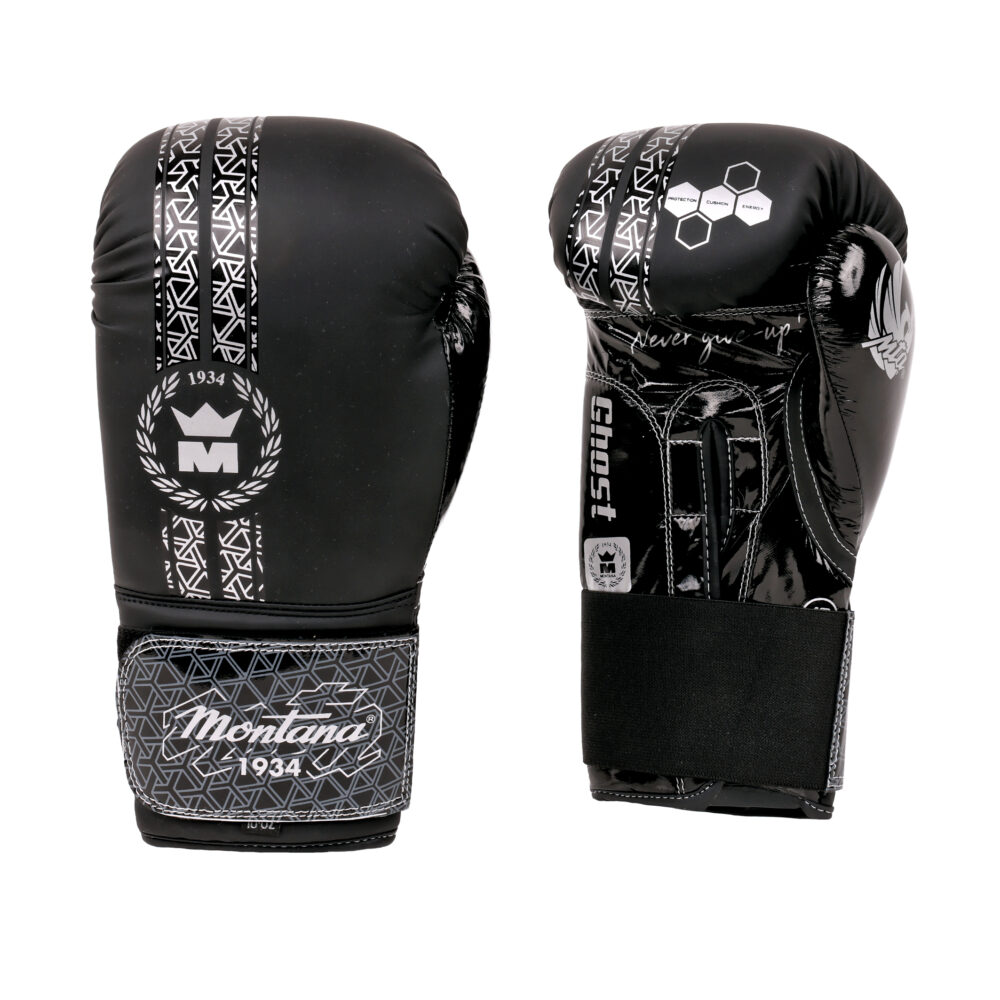 Paire de gants de boxe noirs Montana GHOST BlackCode, vue de dos et de profil, avec le motif graphique blanc en bandeau et le blason Montana 1934.