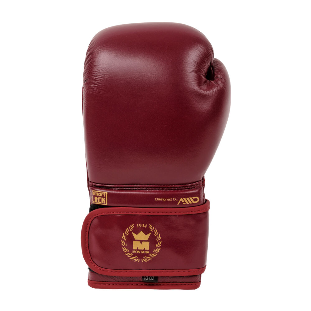 Gant de boxe bordeaux Montana VICTORY Legend vu de dos, surface de frappe en cuir bordeaux uni et blason doré à la couronne sur la manchette.
