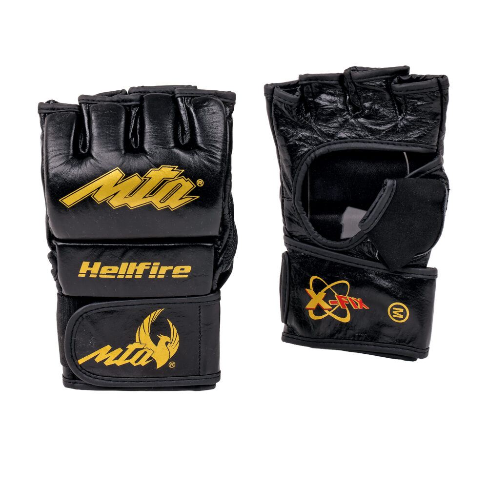Paire de gants MMA noirs Montana HELLFIRE en cuir, doigts ouverts, avec le logo MTA doré et le lettrage Hellfire sur le dos de la main.