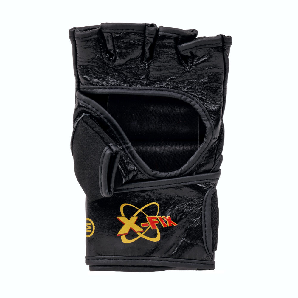 Face intérieure du gant MMA Montana HELLFIRE : paume ouverte pour la préhension, barre de maintien et sangle de poignet.