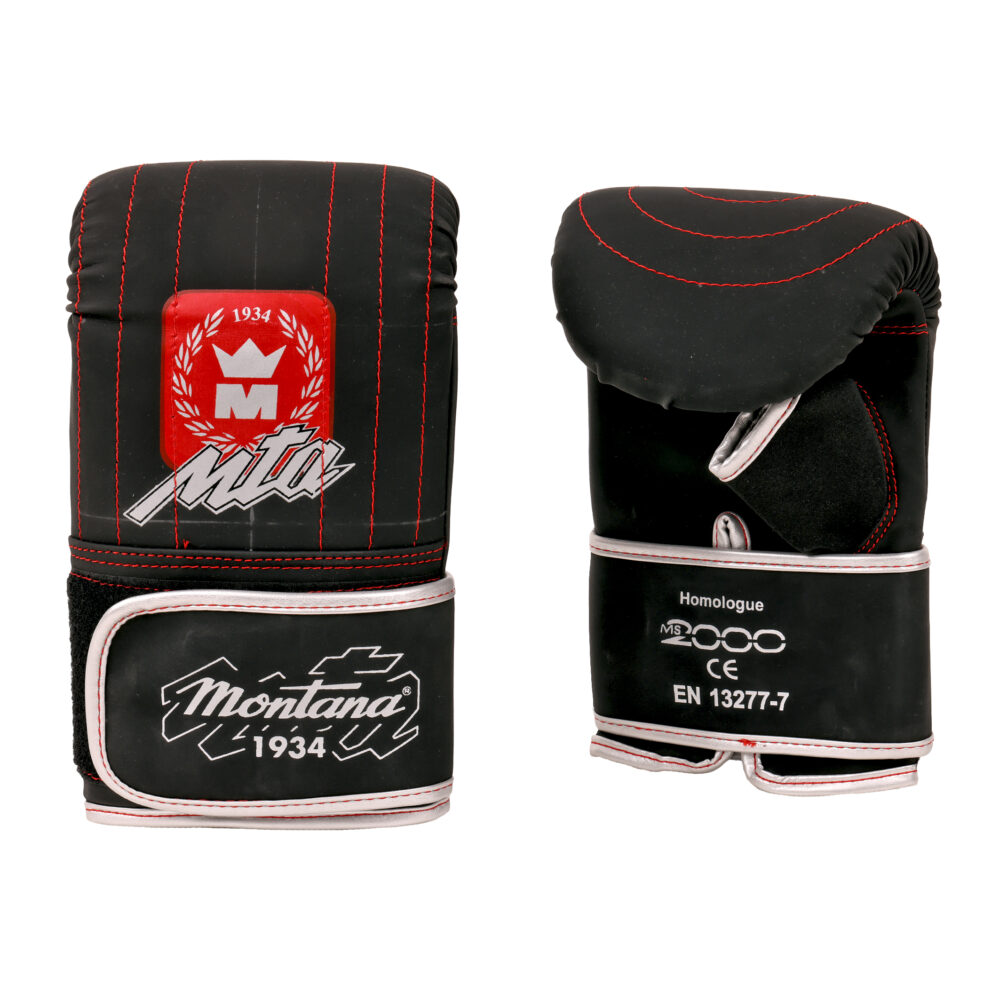 Paire de gants de sac noirs Montana MS 2000 Identity, vue de dos et de profil, avec le blason rouge MTA et l’homologation CE EN 13277-7.