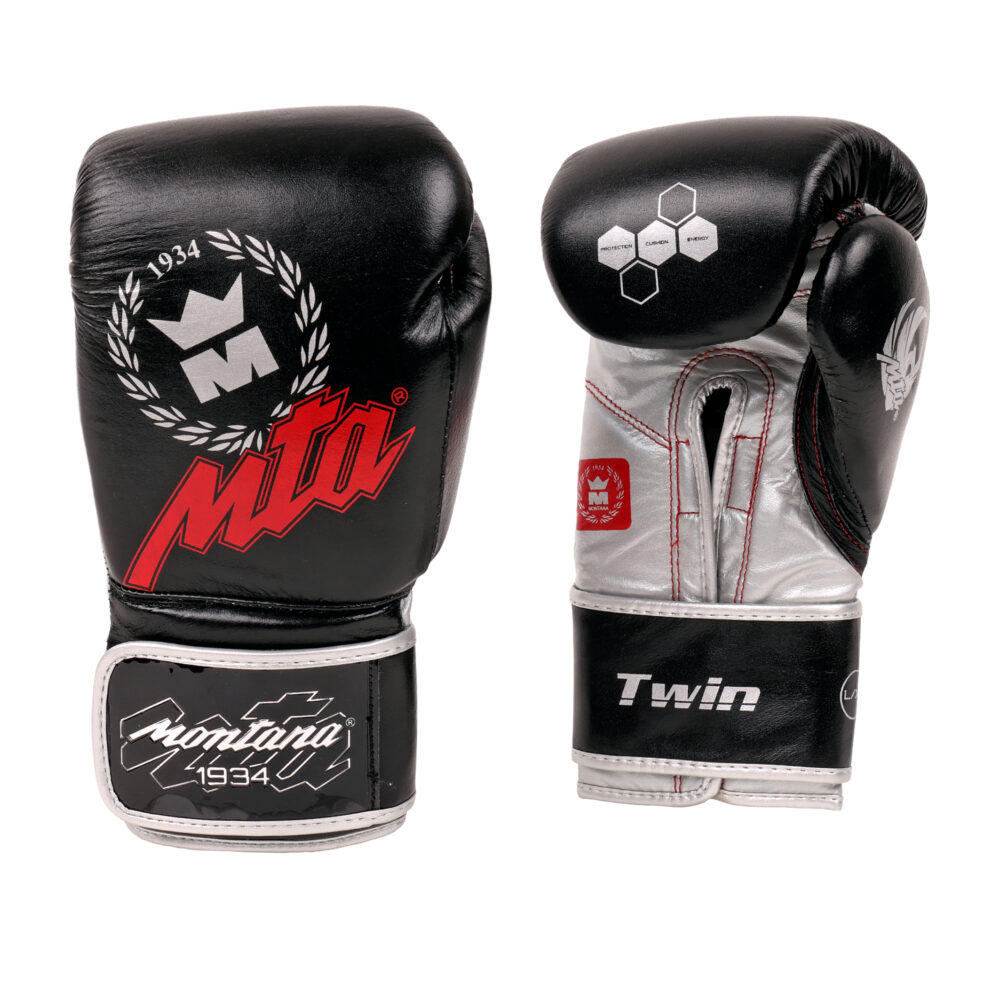 Paire de gants de sac noirs Montana TWIN Identity en cuir, vue de dos et de profil, avec le logo MTA rouge et l’intérieur gris argent.