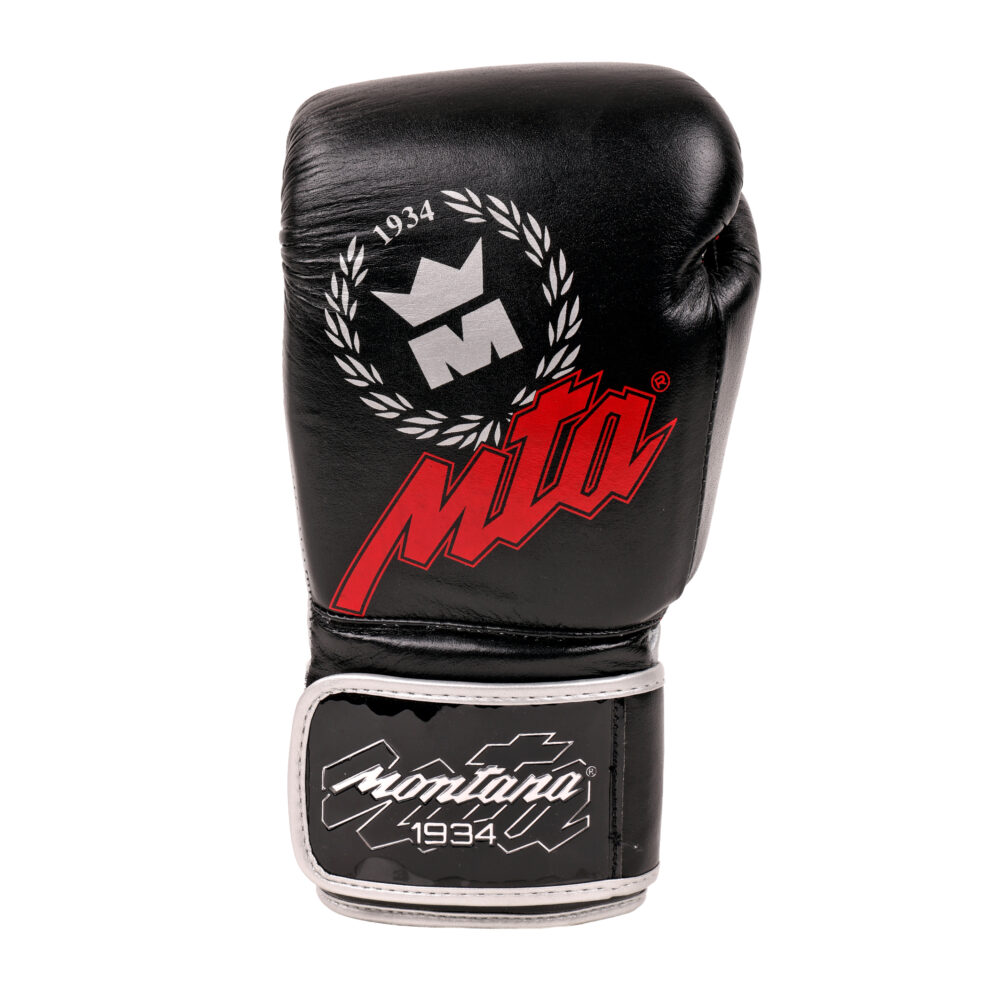 Gant de sac noir Montana TWIN Identity vu de dos, montrant le blason à la couronne, le logo MTA rouge et la manchette Montana 1934.