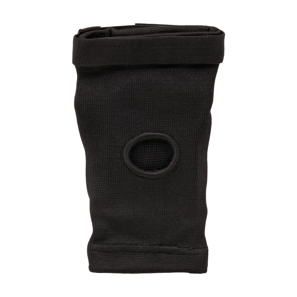 Protège-coude noir Montana ELBOWGUARD déplié, montrant le manchon en textile extensible qui maintient la protection en place sans serrer.