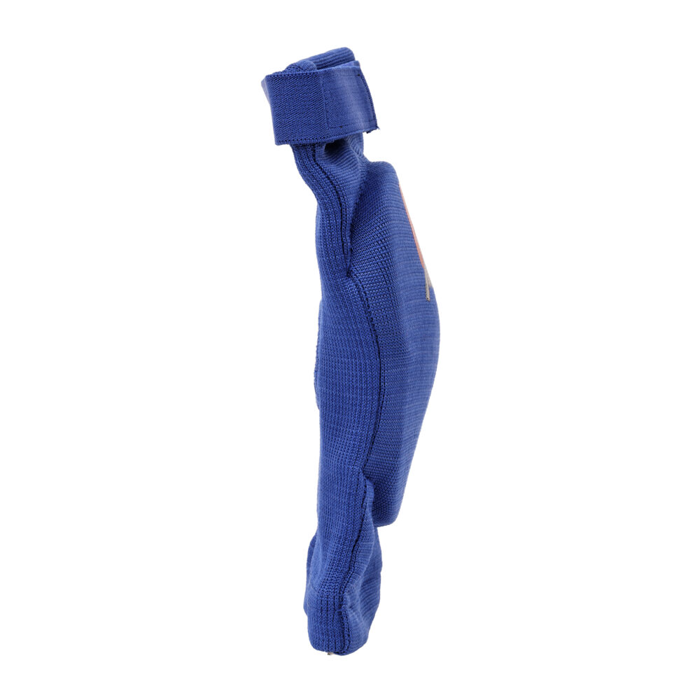 Protège-coude bleu Montana ELBOWGUARD vu de profil, montrant l’épaisseur du rembourrage et la souplesse du manchon extensible.
