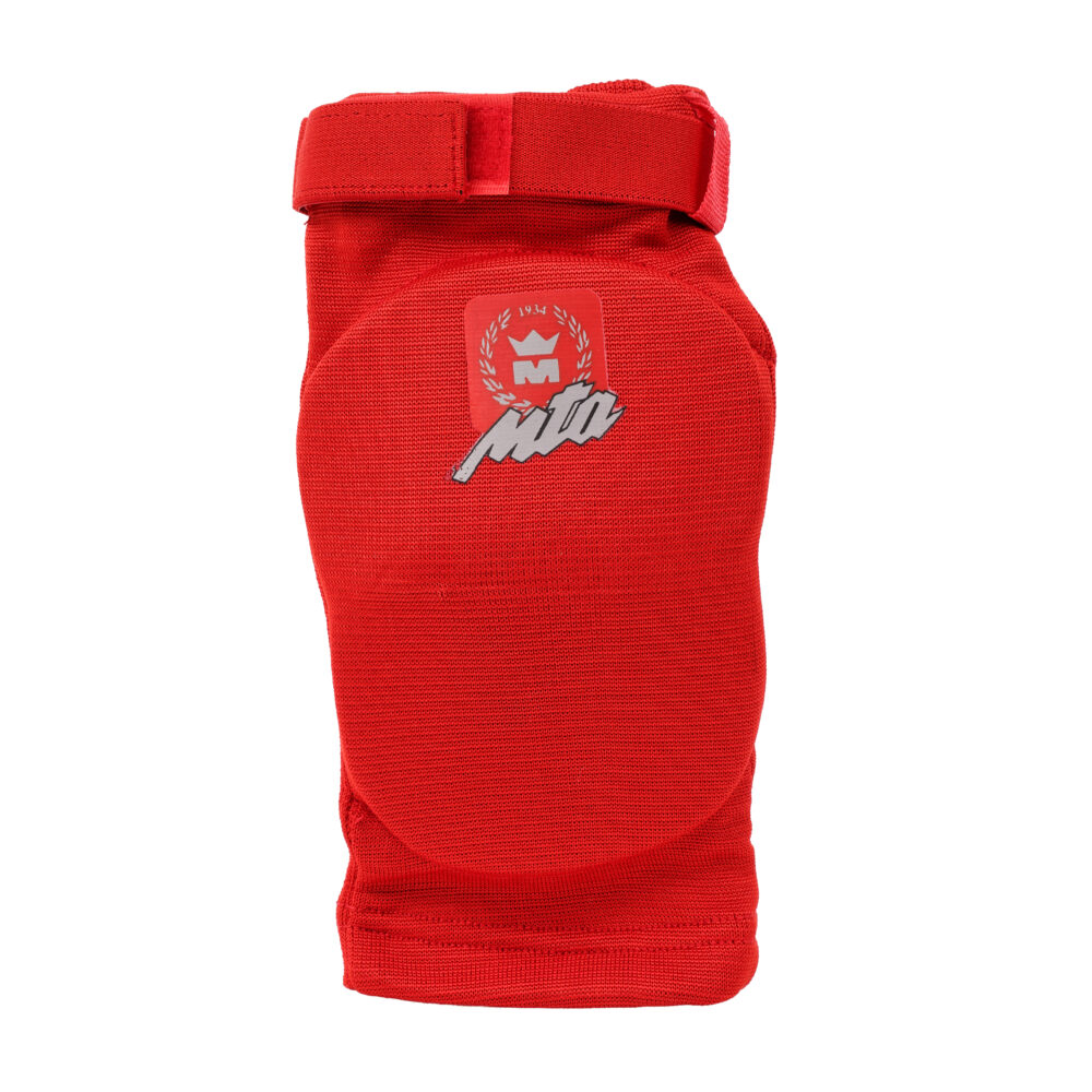 Protège-coude rouge Montana ELBOWGUARD vu de face, montrant le coussin de mousse dense qui couvre la pointe du coude et le blason rouge MTA.