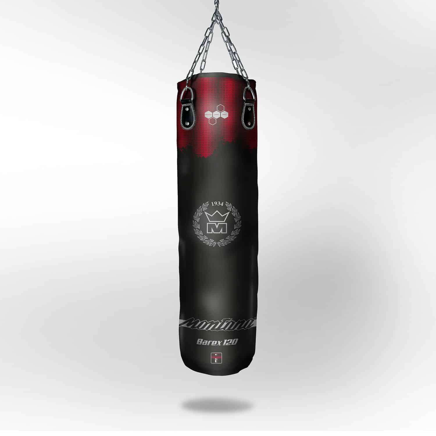 Sac de frappe 120 cm en Barex noir ultra résistant, suspendu par chaînes avec rotule, conçu pour les frappes puissantes.