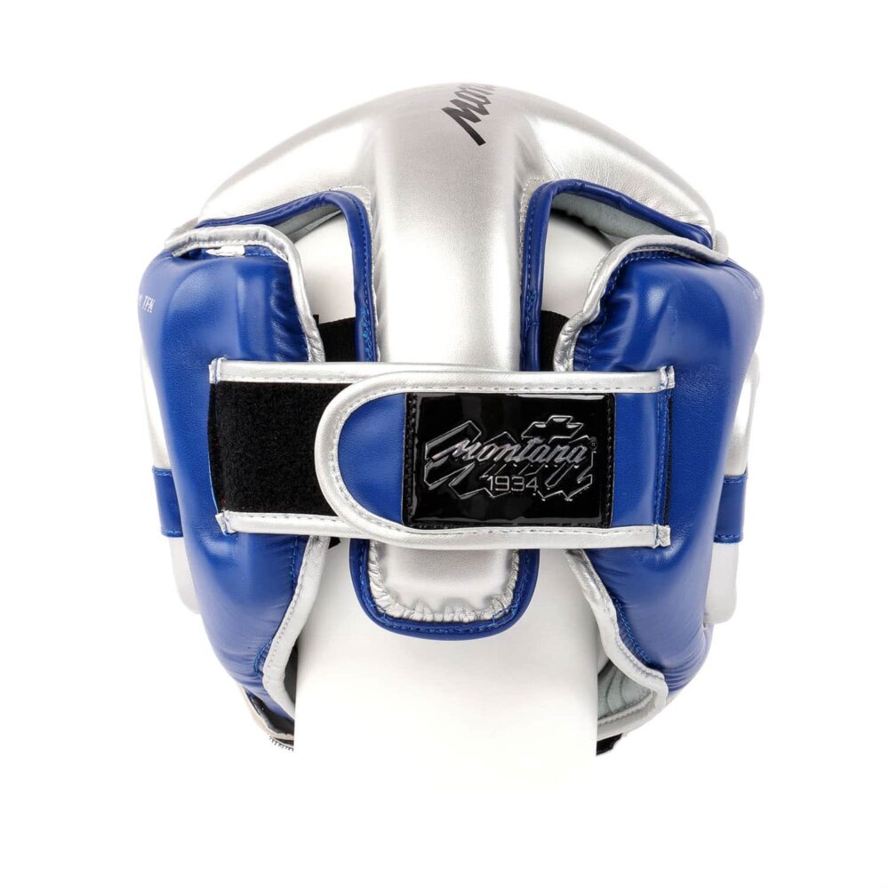 Casque de boxe bleu Montana HELMET TFK, vu de dos, illustrant le système de fermeture velcro renforcé et les coussinets rembourrés pour un maintien sûr et ajusté pendant les entraînements.
