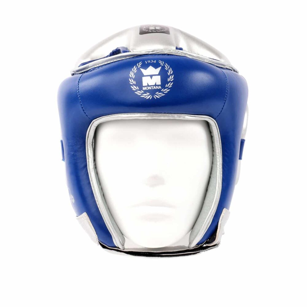 Casque de boxe bleu Montana HELMET TFK, présenté de face, mettant en évidence l’ouverture panoramique et la coque frontale protectrice en PolyComposite, idéale pour les sports de combat à haute intensité.