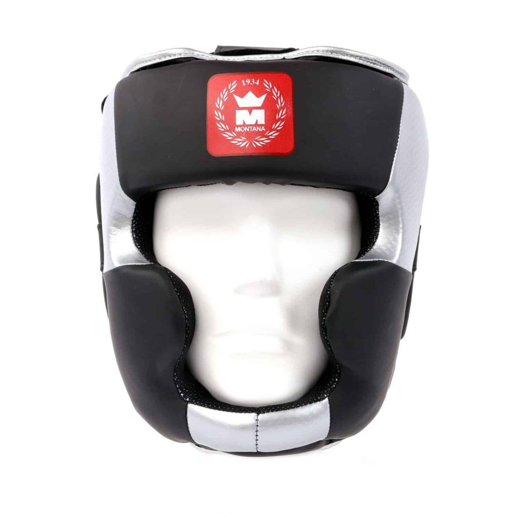 Casque de boxe noir Montana FULLGUARD Identity offrant une couverture intégrale du visage et un confort optimal grâce à son double système de réglage au-dessus et à l'arrière de la tête