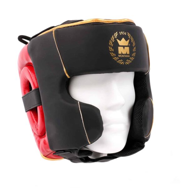 Casque de boxe noir à l'avant et rouge à l'arrière de la marque Montana FULLGUARD Training, conçu pour l'entraînement, avec système SMART LOCK, mousse EVA et ajustement supérieur précis.