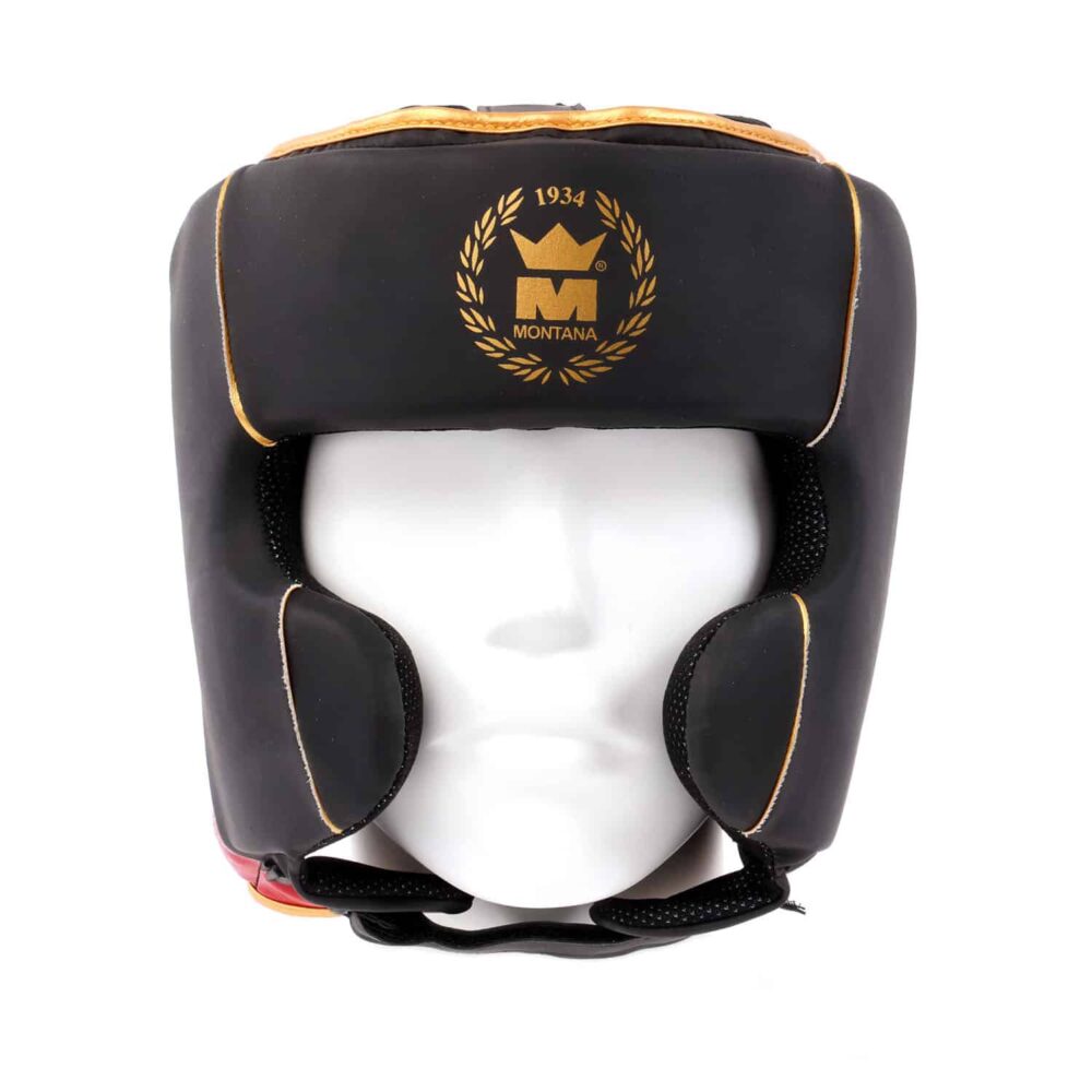 Casque de boxe noir à l'avant et rouge à l'arrière de la marque Montana FULLGUARD Training, conçu pour l'entraînement, avec système SMART LOCK, mousse EVA et ajustement supérieur précis.