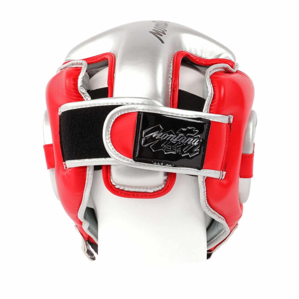 Casque de boxe rouge Montana HELMET TFK, vu de dos, exposant la bande de serrage velcro avec finition Montana 1934, assurant une tenue stable même pendant les mouvements les plus rapides.