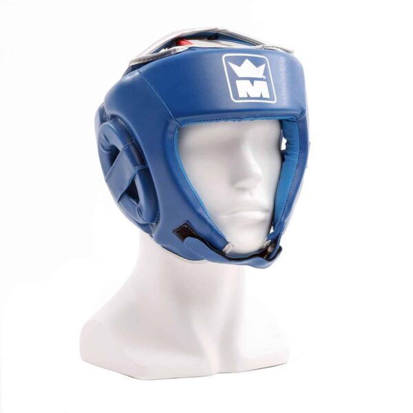 Casque de boxe bleu Montana AMATEUR avec design ergonomique, fermeture SMART LOCK et bande scratch, idéal pour les entraînements réguliers en boxe.
