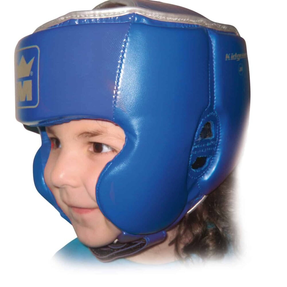 Casque de boxe bleu Montana KIDGUARD pour jeunes boxeurs, conçu pour l’entraînement en boxe éducative, full contact ou muay thai, avec insert en mousse haute densité et système de maintien Smart Lock.