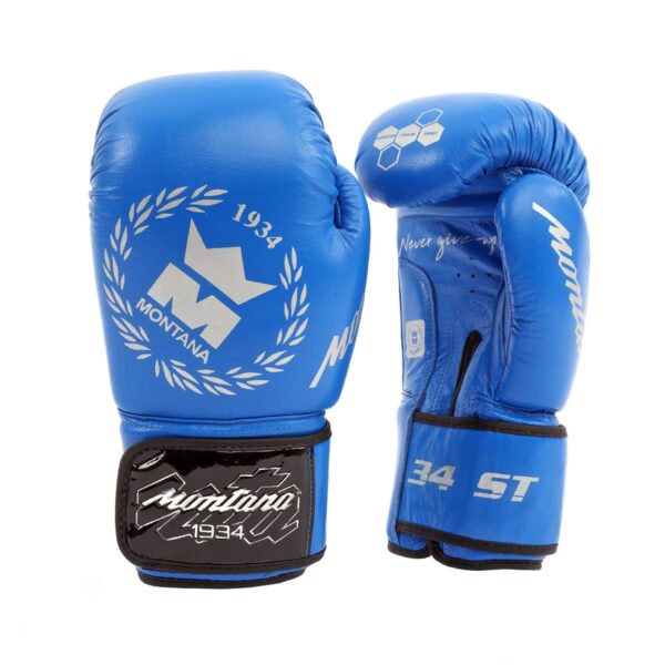 Gants de boxe bleus Montana 34ST NewCode – paire au design sportif, logo Montana proéminent et couronne blanche.