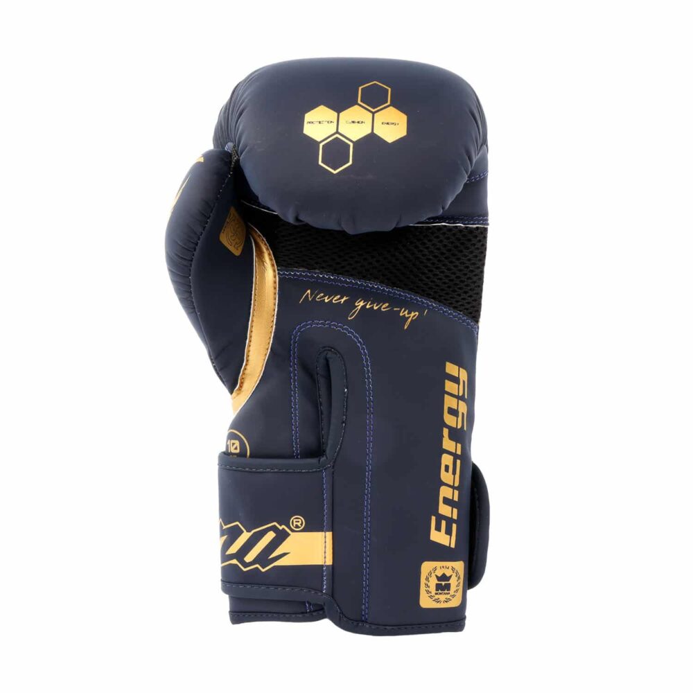 Gants de boxe bleus Montana ENERGY Poseidon conçus pour la pratique multiboxes, avec paume en mesh VENTIL’AIR et doublure satin 'soft', offrant une ventilation maximale et un confort longue durée.