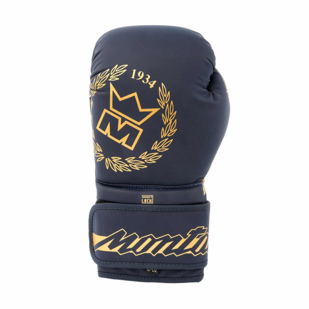 Gants de boxe bleus Montana ENERGY Poseidon adaptés à la boxe anglaise, boxe thaï, full contact, kick boxing et muay thaï, avec fermeture SMART LOCK pour une protection renforcée du poignet.