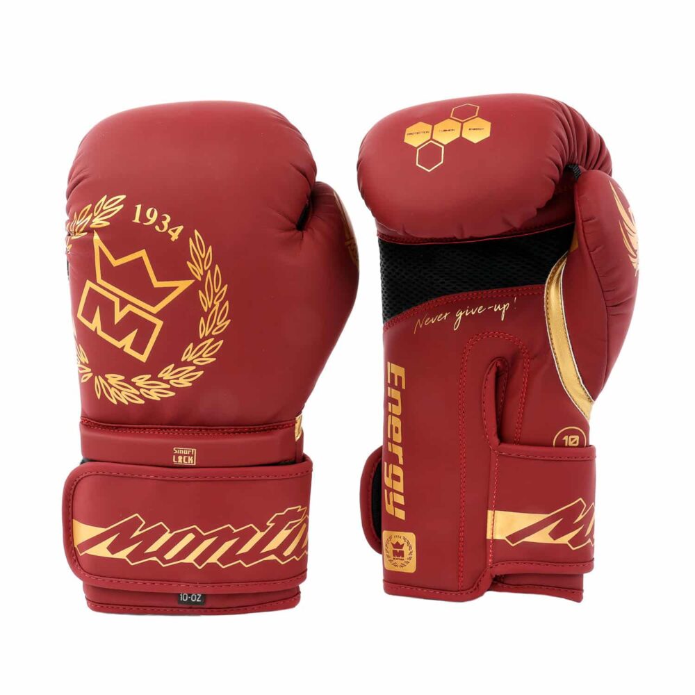 Gants de boxe bordeaux Montana ENERGY Legend parfaits pour l’entraînement en boxe anglaise, boxe thaï, full contact, muay thaï et kick boxing, combinant technologie INJECT PROTECT’ et système SMART LOCK pour une performance durable.