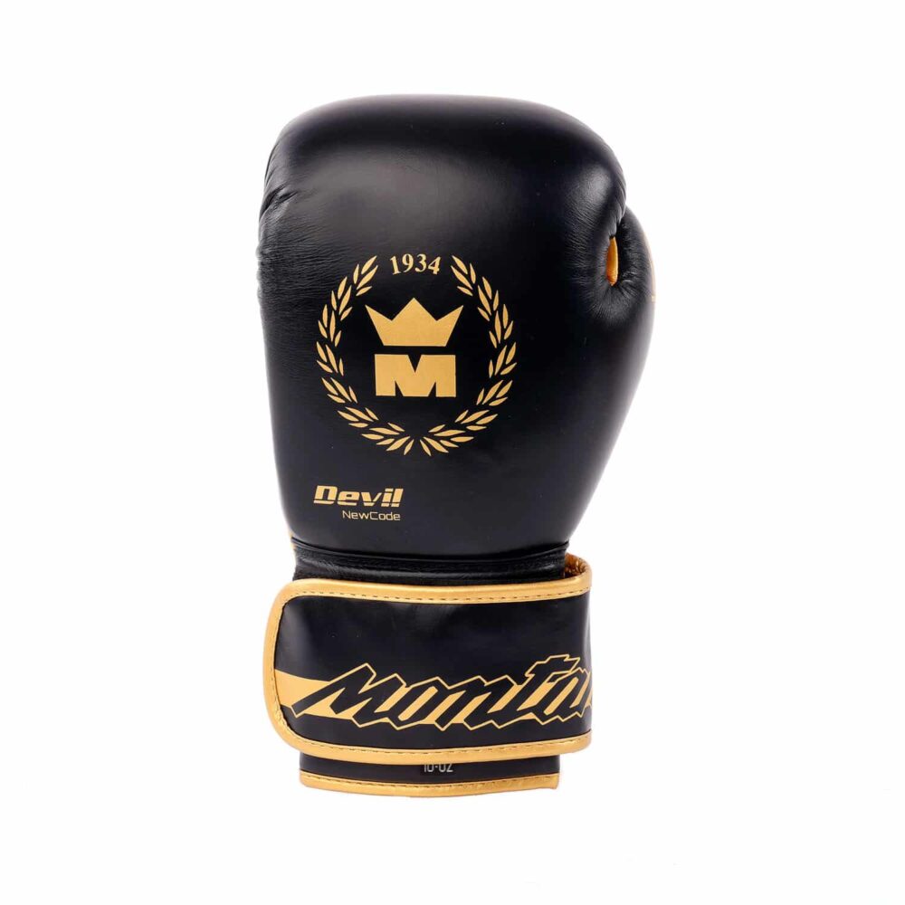 Gants de boxe noirs Montana DEVIL NewCode adaptés à la boxe thaï, boxe anglaise, full contact, kick boxing et muay thaï, conçus avec cuir de vachette et système X-FIX innovant.
