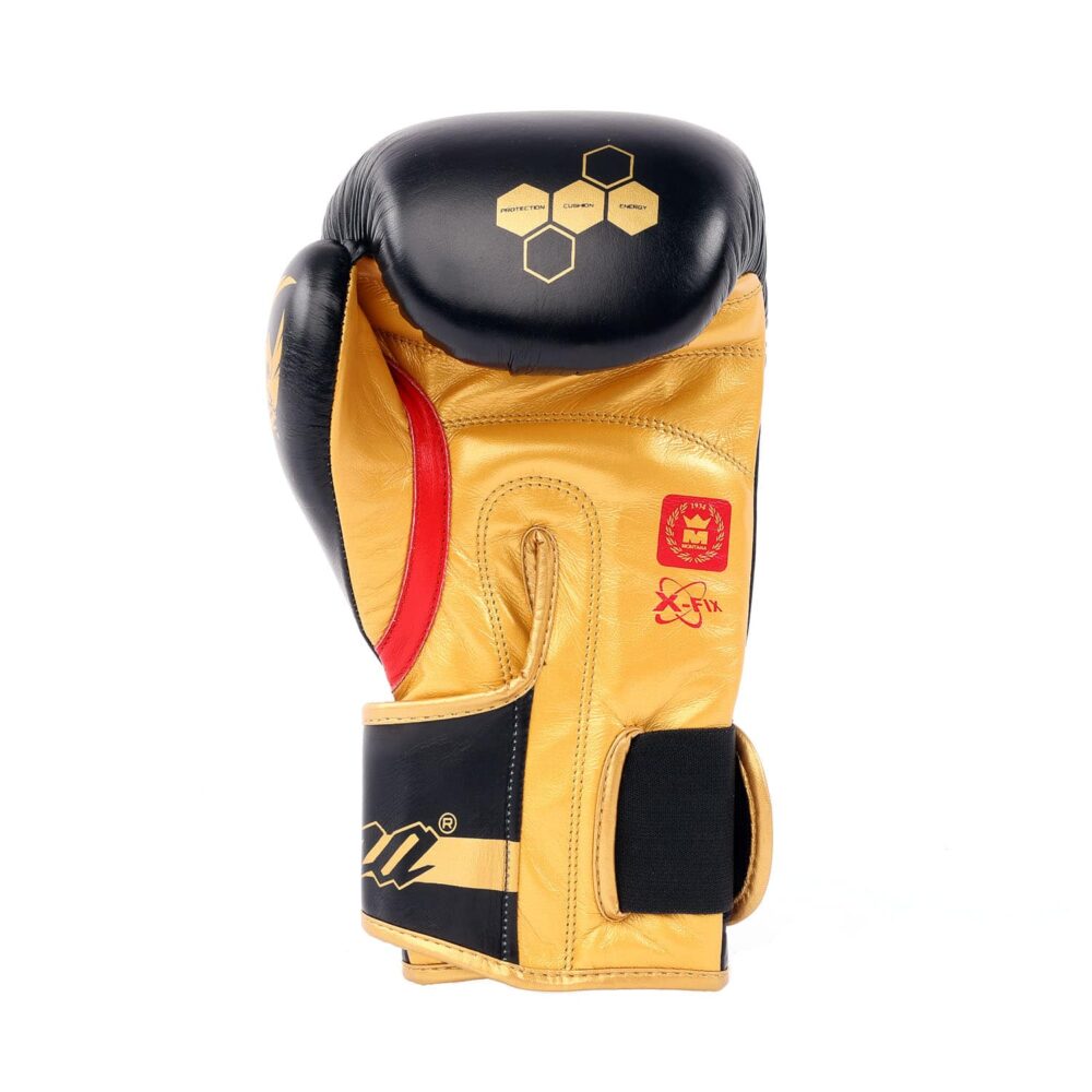 Gants de boxe noirs Montana DEVIL NewCode avec paume cuir ventilée, offrant protection contre les frottements et aération renforcée pour des sessions prolongées.