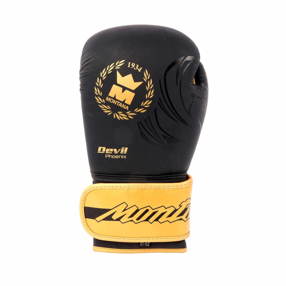 Gants de boxe noirs Montana DEVIL Phoenix adapté à la pratique Boxe Thai, Boxe anglaise, Full contact, Kick Boxing, Muay Thai – cuir noir/or, mousse injectée, paume ergonomique et scratch SmartLock.
