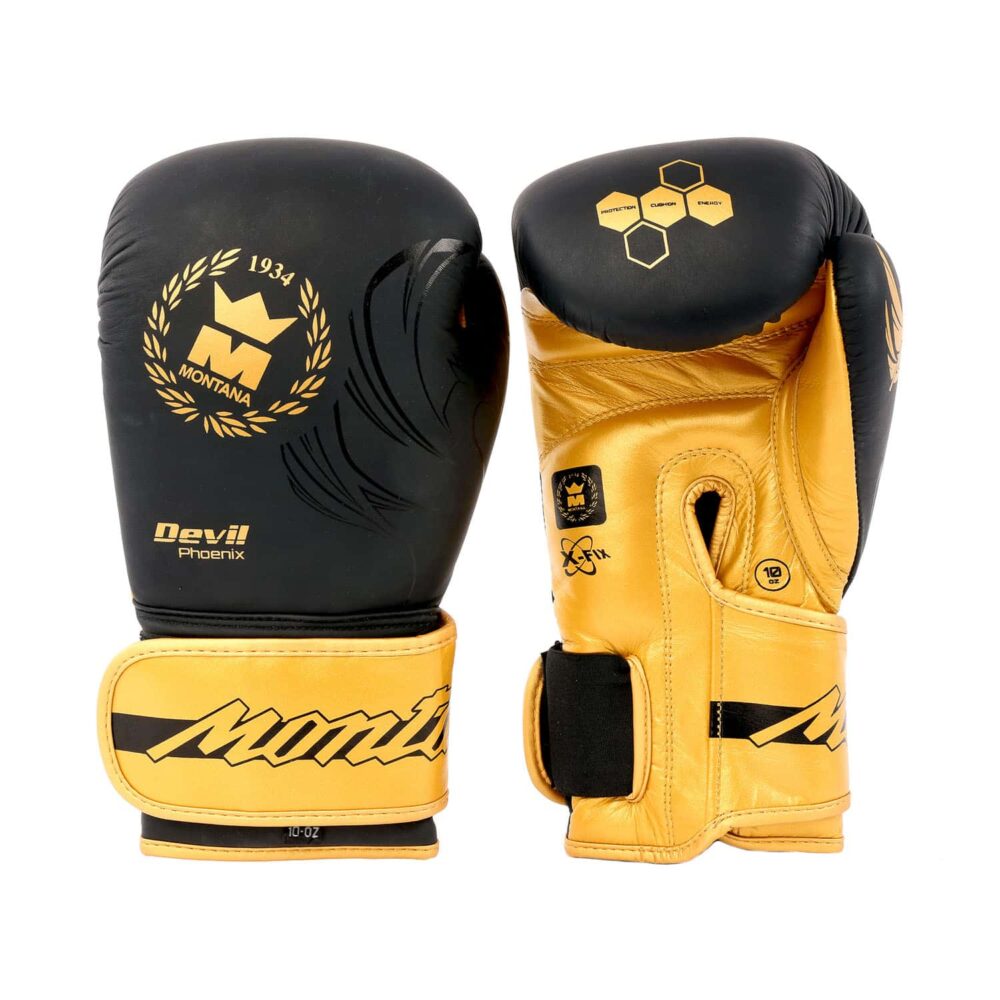 Gants de boxe noirs Montana DEVIL Phoenix – paire symétrique offrant une silhouette athlétique et un contraste de couleurs noir/or élégant.