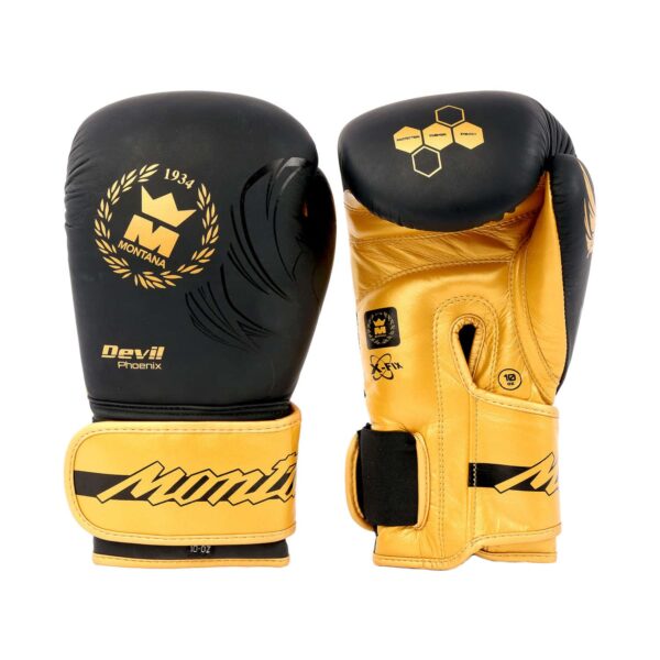 Gants de boxe noirs Montana DEVIL Phoenix – paire symétrique offrant une silhouette athlétique et un contraste de couleurs noir/or élégant.