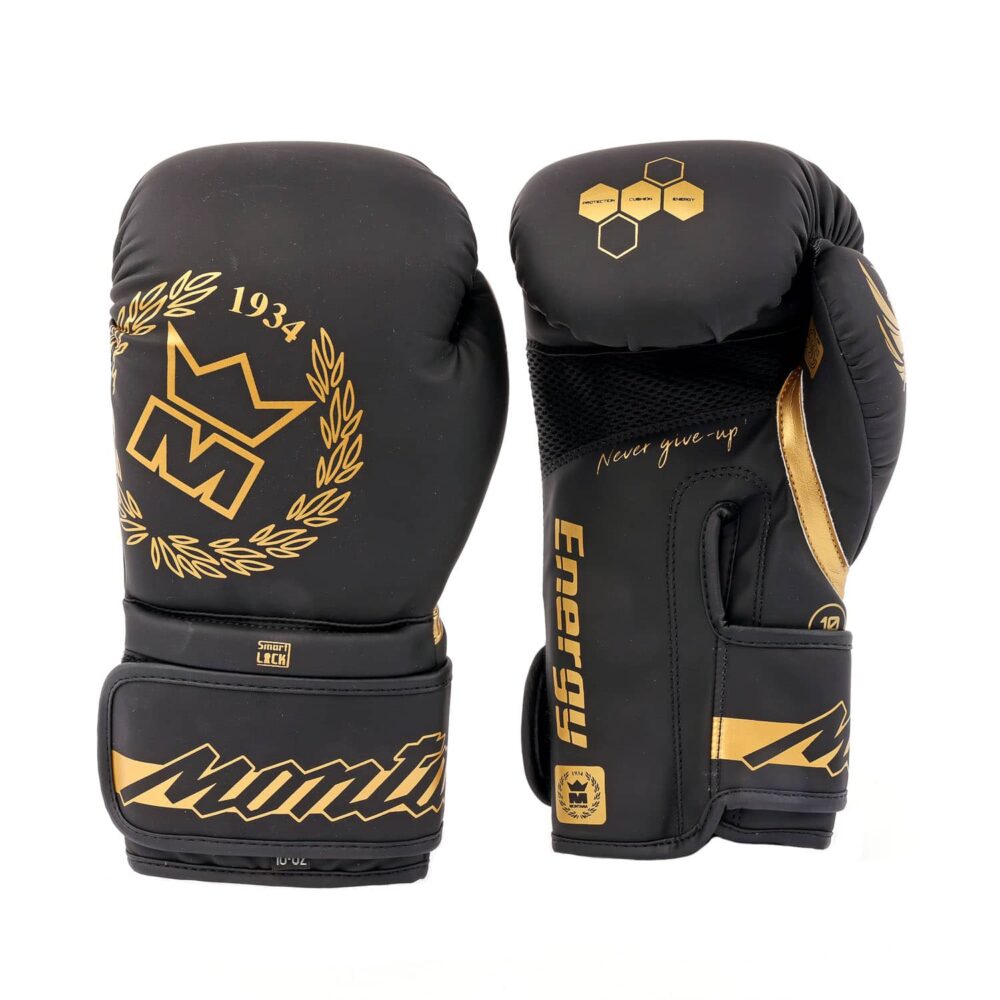 Gants de boxe noirs Montana ENERGY NewCode, idéals pour les pratiquants de boxe anglaise, boxe thaï, full contact, kick boxing et muay thaï, alliant design ergonomique et mousse INJECT PROTECT’ pour une protection avancée.