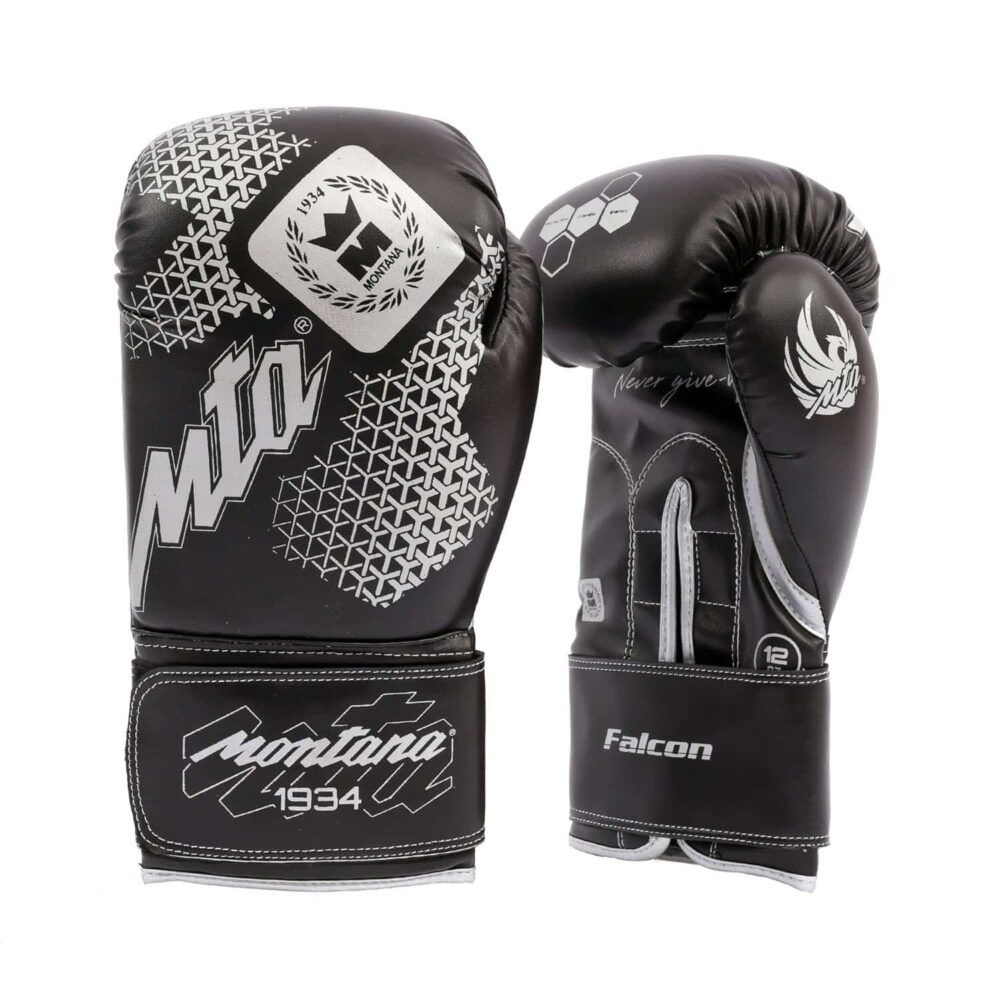 Gants de boxe noirs Montana FALCON idéaux pour s’initier aux disciplines multiboxes comme la boxe thaï, le full contact ou le Muay Thai, avec design sobre et rembourrage monobloc homogène.