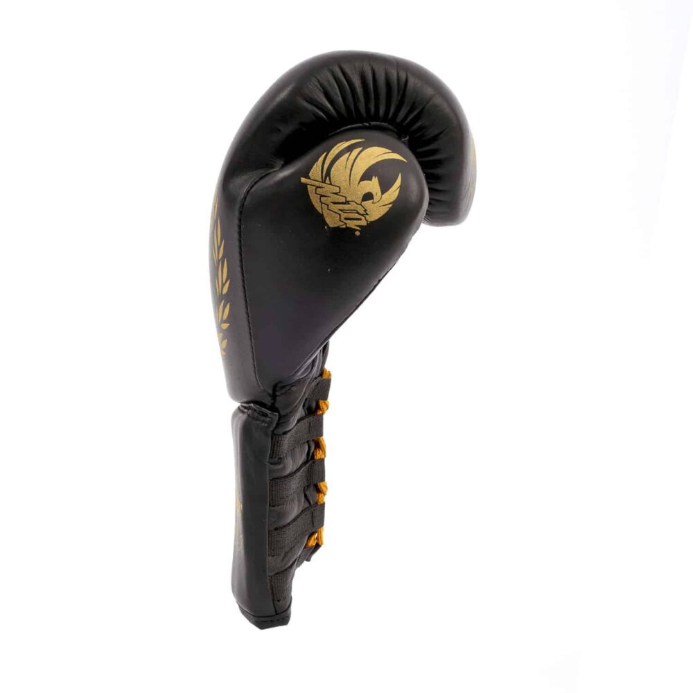 Gants de boxe noirs Montana PRO NewCode – lacets de serrage apparents, silhouette fine, typique des pros.