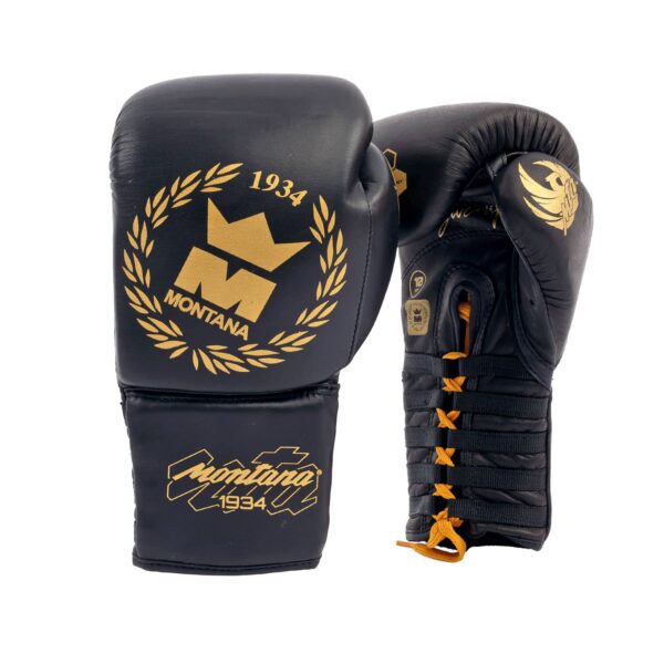 Gants de boxe noirs Montana PRO NewCode – paire symétrique professionnelle à lacets, design sobre et élancé.