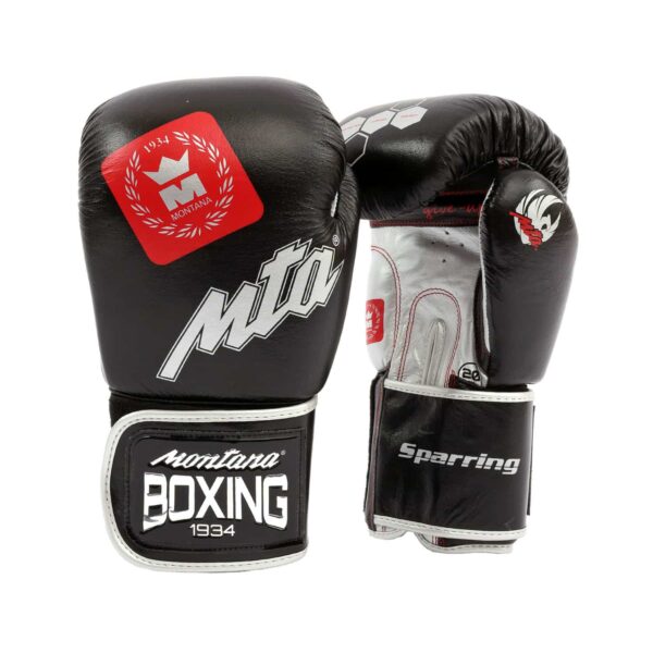 Gants de boxe noirs Montana SPARRING Identity – ensemble bicolore noir/argent avec inserts rouges visibles.