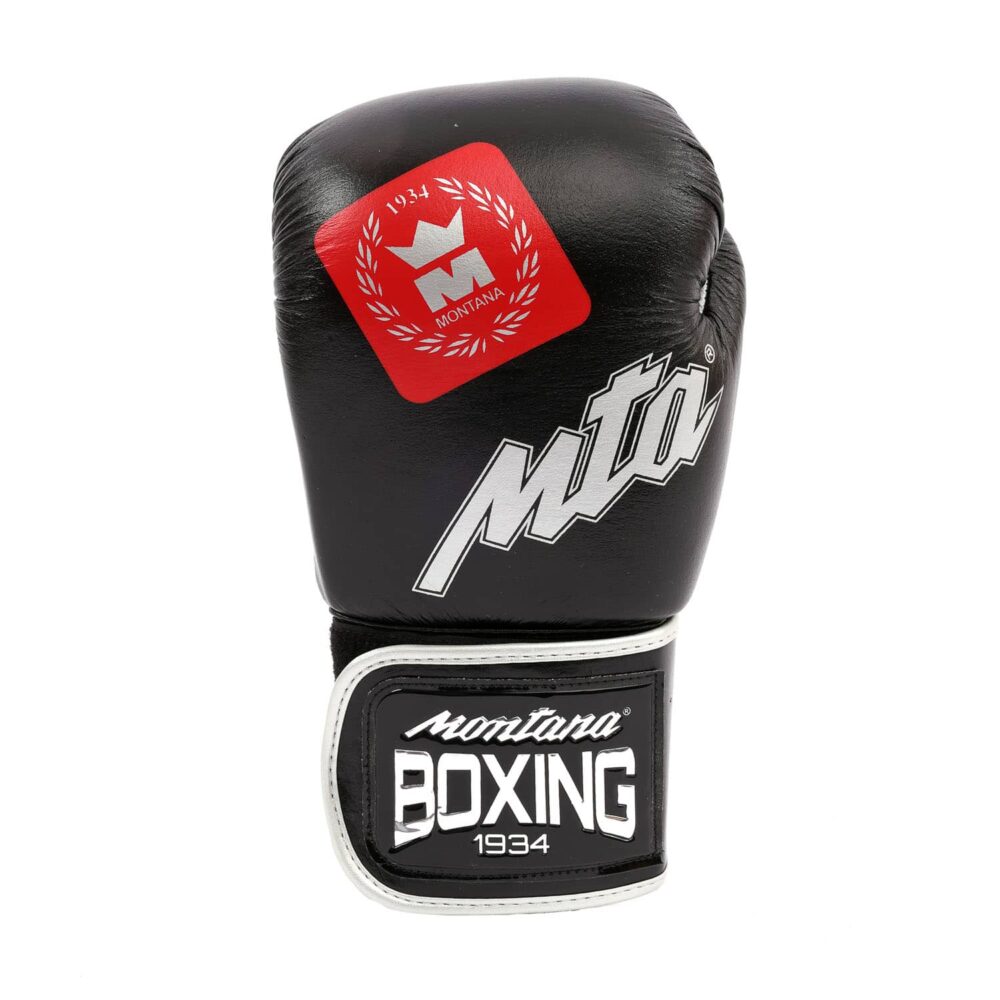 Gants de boxe noirs Montana SPARRING Identity – gant spécifique à l’entraînement, absorption optimisée, cuir résistant.