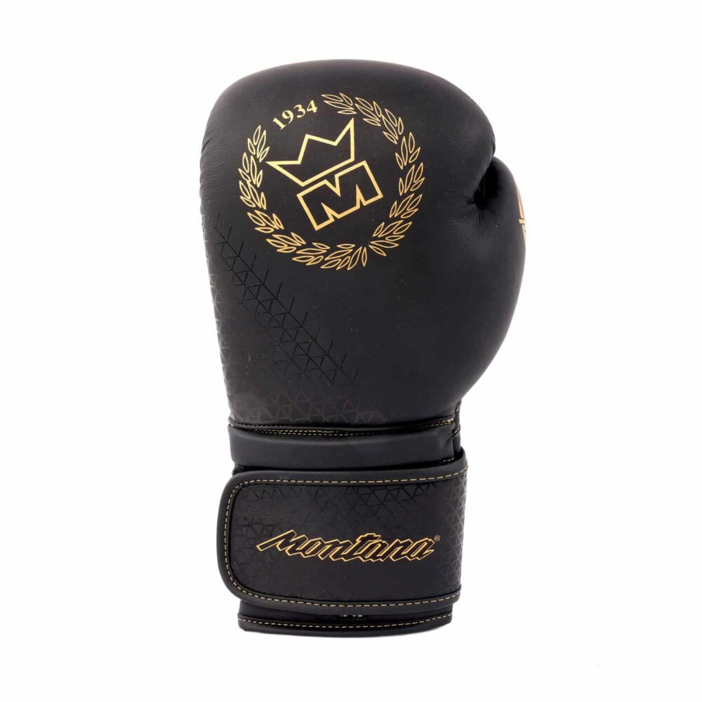 Gants de boxe noirs Montana VANGUARD NewCode adaptés à la boxe thaï, boxe anglaise, full contact, kick boxing et muay thaï, avec cuir de vachette ventilé et mousse gel protectrice.