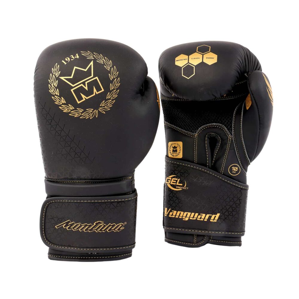 Gants de boxe noirs Montana VANGUARD NewCode en paire, conçus pour les boxeurs exigeants, alliant robustesse, confort et performances techniques avancées.