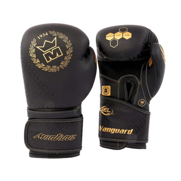 Gants de boxe noirs Montana VANGUARD NewCode en paire, conçus pour les boxeurs exigeants, alliant robustesse, confort et performances techniques avancées.