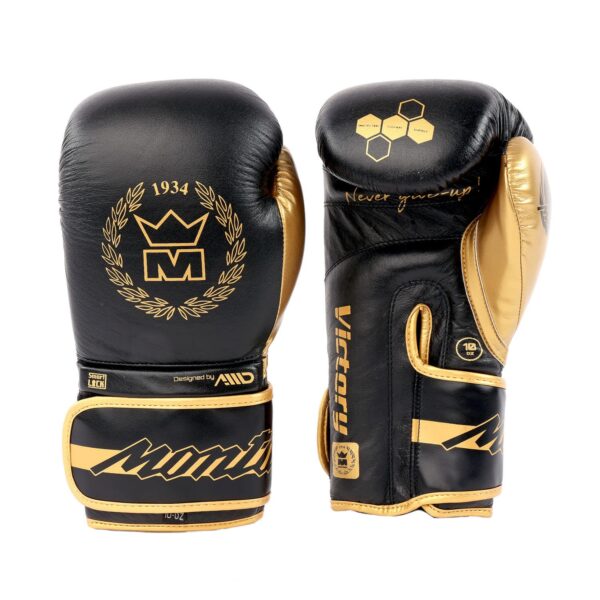 Gants de boxe noirs Montana VICTORY NewCode, vue complète de la paire conçue pour les entraînements multiboxes, alliant cuir robuste, fermeture SmartLock et paume aérée pour un confort optimal.