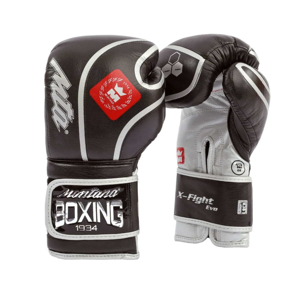 Gants de boxe noirs Montana X-FIGHT Evo BlackForce conçus pour les boxeurs engagés en Muay Thai, kick boxing, boxe anglaise, full contact et boxe thaï, avec rembourrage SHOCK ABSORBING multicouches et design stylisé.