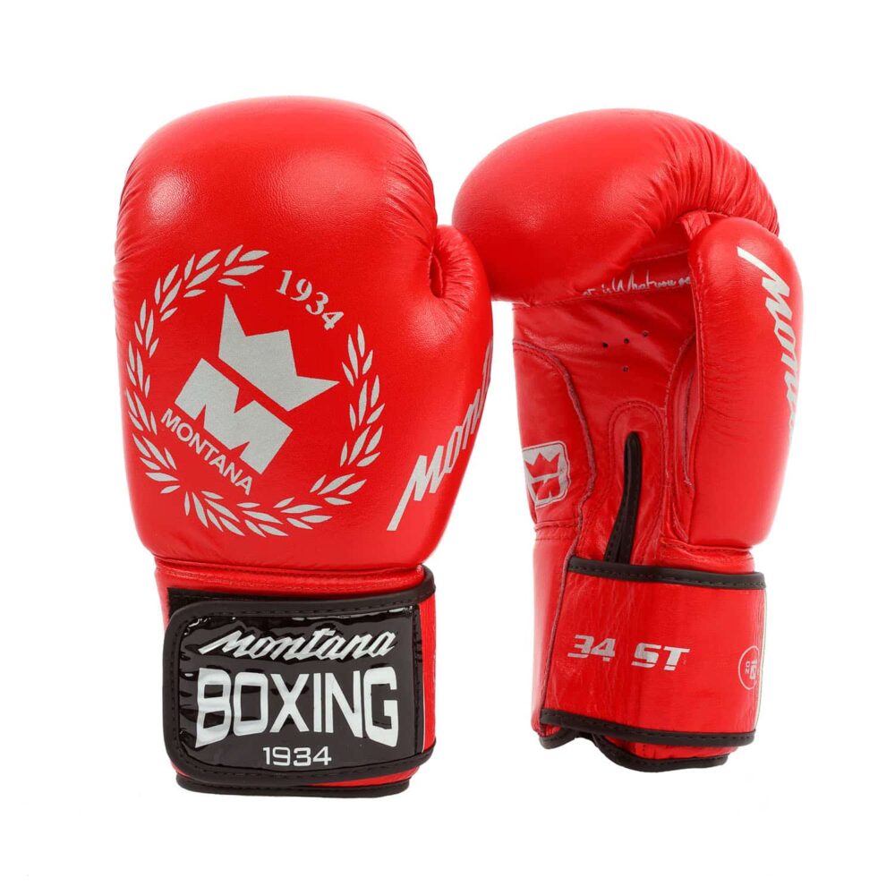 Gants de boxe rouges Montana 34ST NewCode – paire harmonieuse, contraste rouge vif et noir/argent.