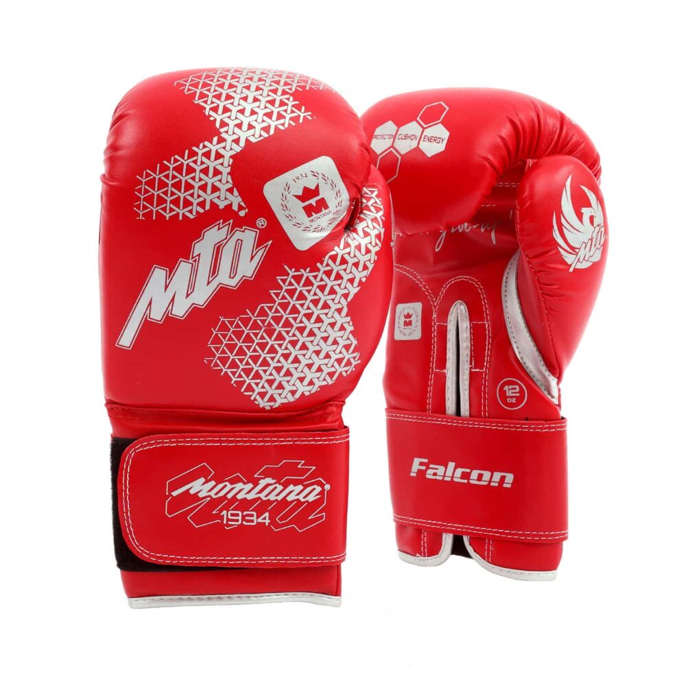 Gants de boxe rouges Montana FALCON adaptés à l’initiation au kick boxing, full contact, boxe thaï, boxe anglaise et Muay Thai, avec rembourrage uniforme, fermeture scratch et visuel sportif.