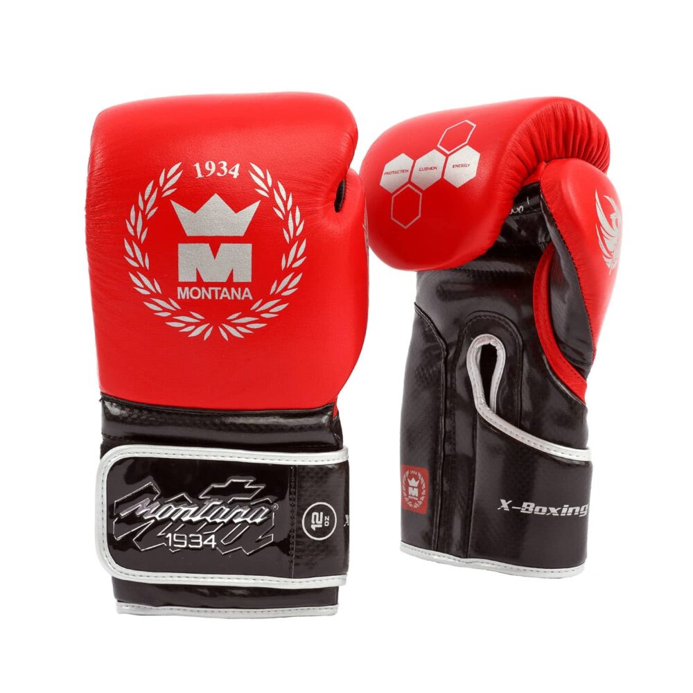 Gants de boxe rouges Montana X-BOXING NewCode conçus pour la boxe anglaise, le full contact, la boxe thaï, le kick boxing et le Muay Thai, avec renforts hexagonaux visibles et design ergonomique pour boxeurs expérimentés.