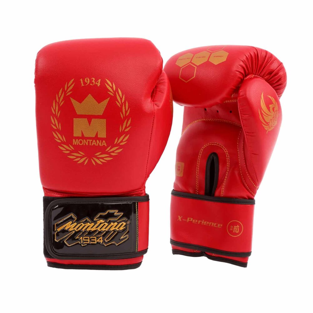 Gants de boxe rouges Montana X-PERIENCE NewCode adaptés à toutes les disciplines multiboxes, avec design ergonomique, renforts amortissants et couture contrastée.