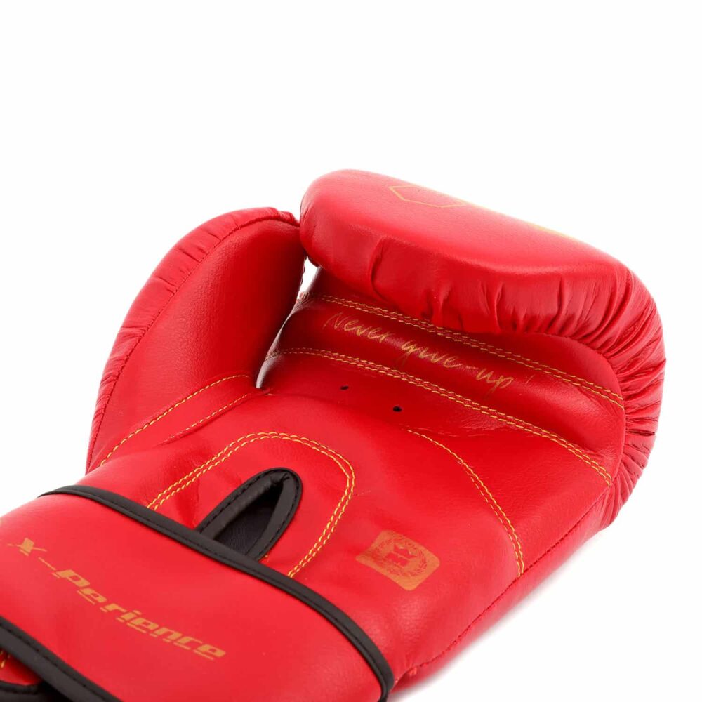 Gants de boxe rouges Montana X-PERIENCE NewCode pour boxe anglaise, full contact, kick boxing et Muay Thai, avec intérieur respirant et message “Never give up” pour motiver l’effort.