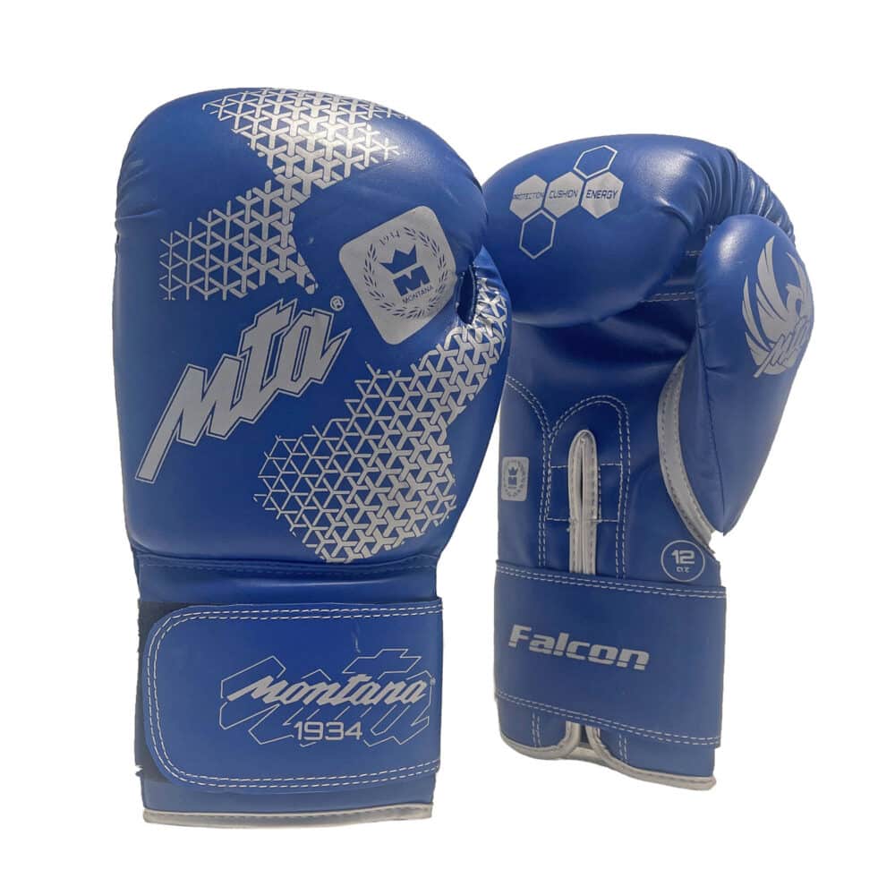 Gants de boxe bleus Montana FALCON conçus pour la boxe multiboxes en initiation, comme la boxe anglaise, le Muay Thai ou le kick boxing, avec fermeture scratch pratique et design dynamique.