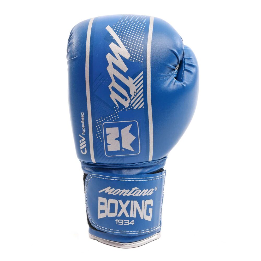 Gants de boxe bleus Montana HAWK adaptés aux entraînements débutants en boxe anglaise, Muay Thai, kick boxing et full contact, avec mousse injectée, fermeture scratch et design moderne.