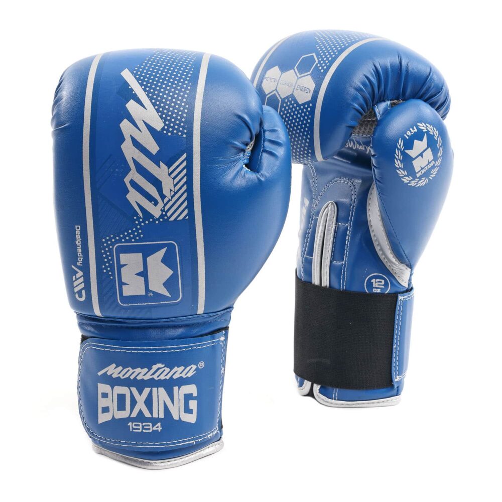 Paire de gants de boxe bleus Montana HAWK, avec paume ventilée VENTIL'AIR pour garder les mains au sec et bloc mousse absorbante monobloc.